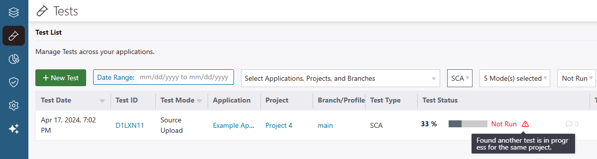 Tests page: A test with a Test Status of Not Run, tool tip "Found another test is in progress for the same project"