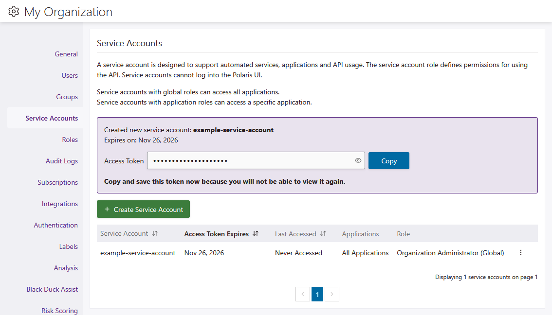 Screenshot of the Service Accounts page when a service account is created, where the new service account's token can be copied.